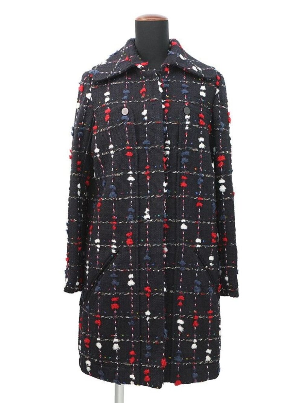 Chanel Coat Tweed Collarless Wool 36 Navy